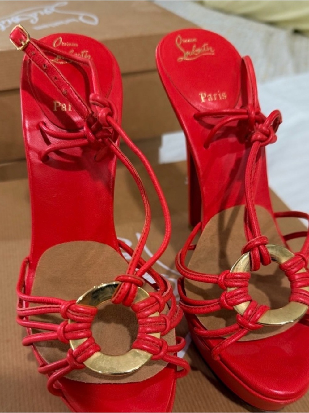 Christian Louboutin Coral Strappy High-Heel Sandals with Gold Ring